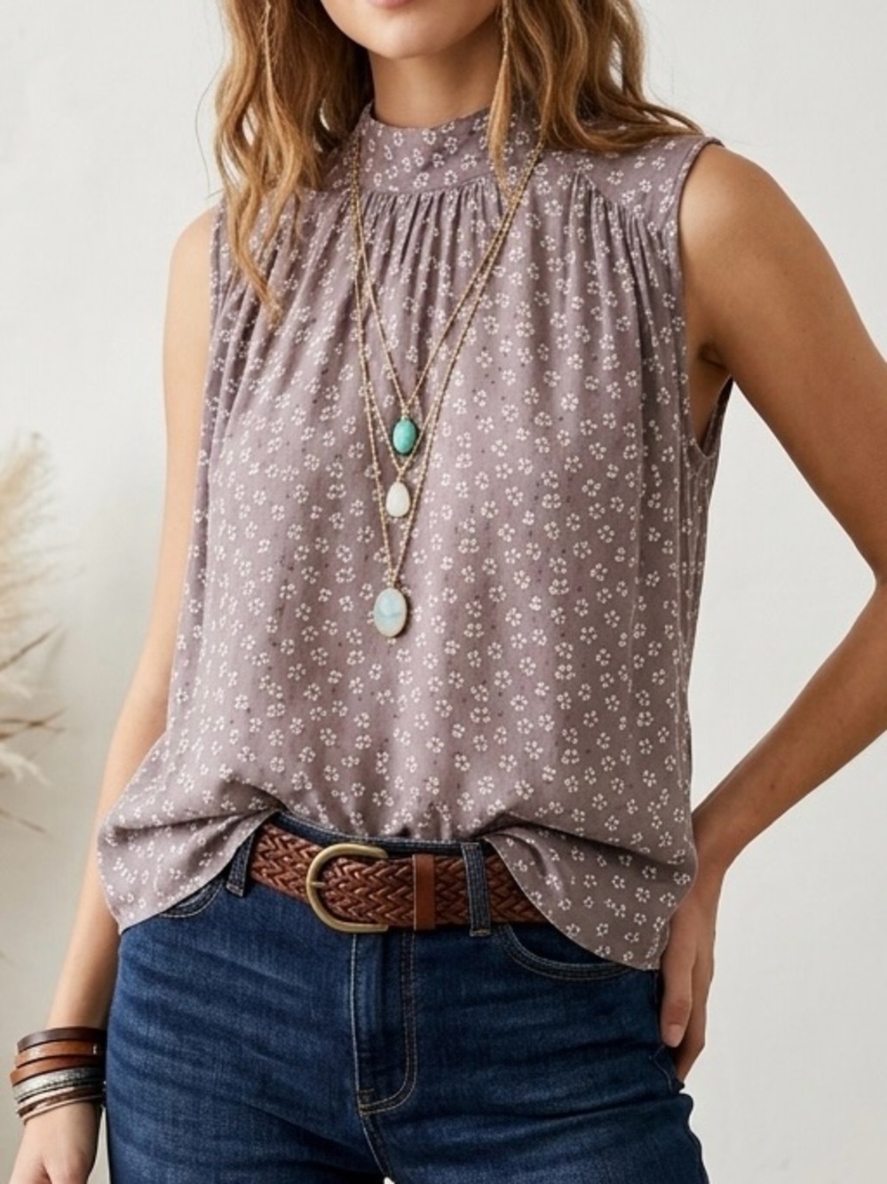 Cloth & Stone Anthropologie Liane Floral Mock Neck Blouse Top Mauve Ditsy Pink S